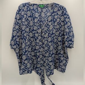 4/$20 Dip Women's Blouse Blue 3X Printed Tie Front Short Sleeve V-Neck boho